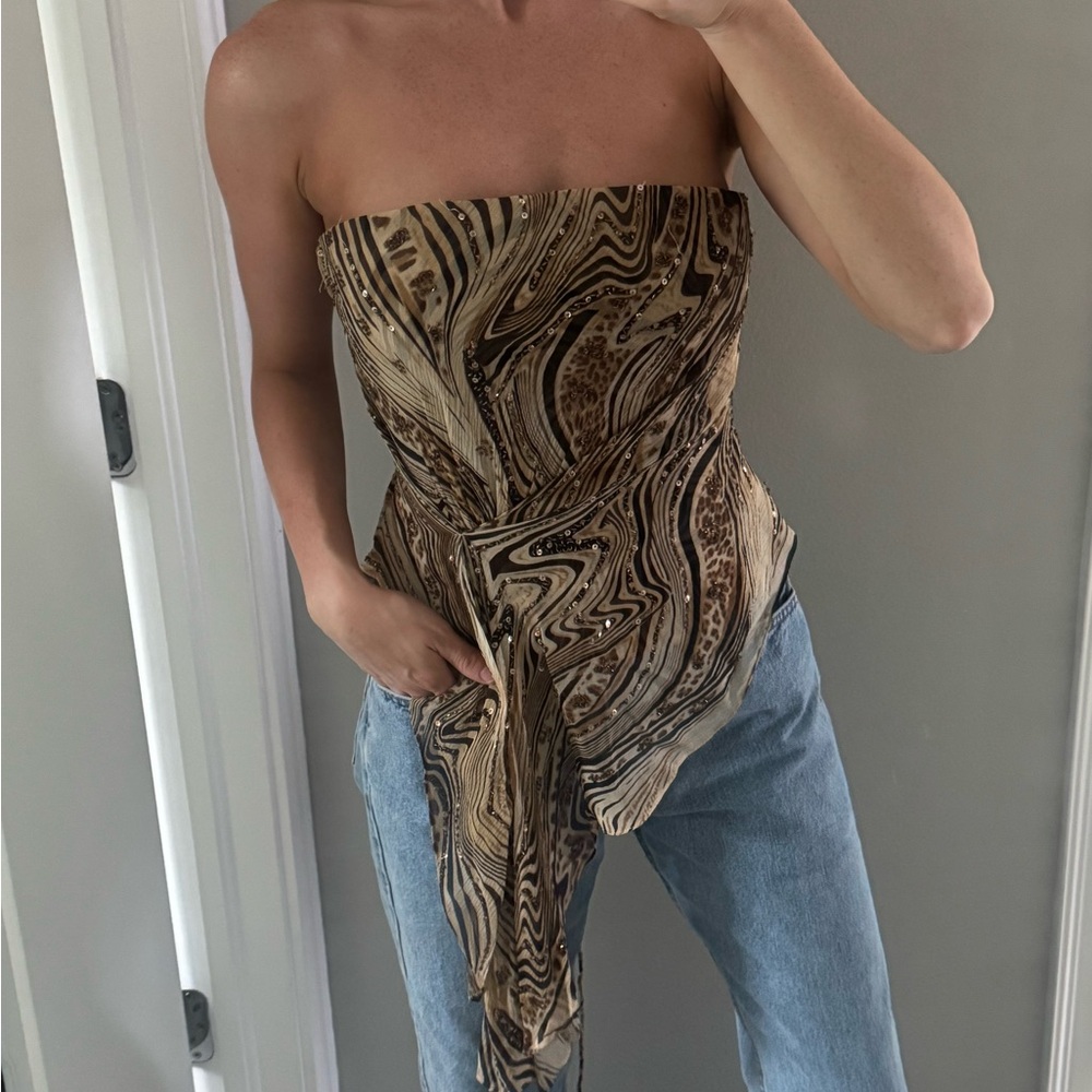 Vintage Cache Abstract Strapless Top